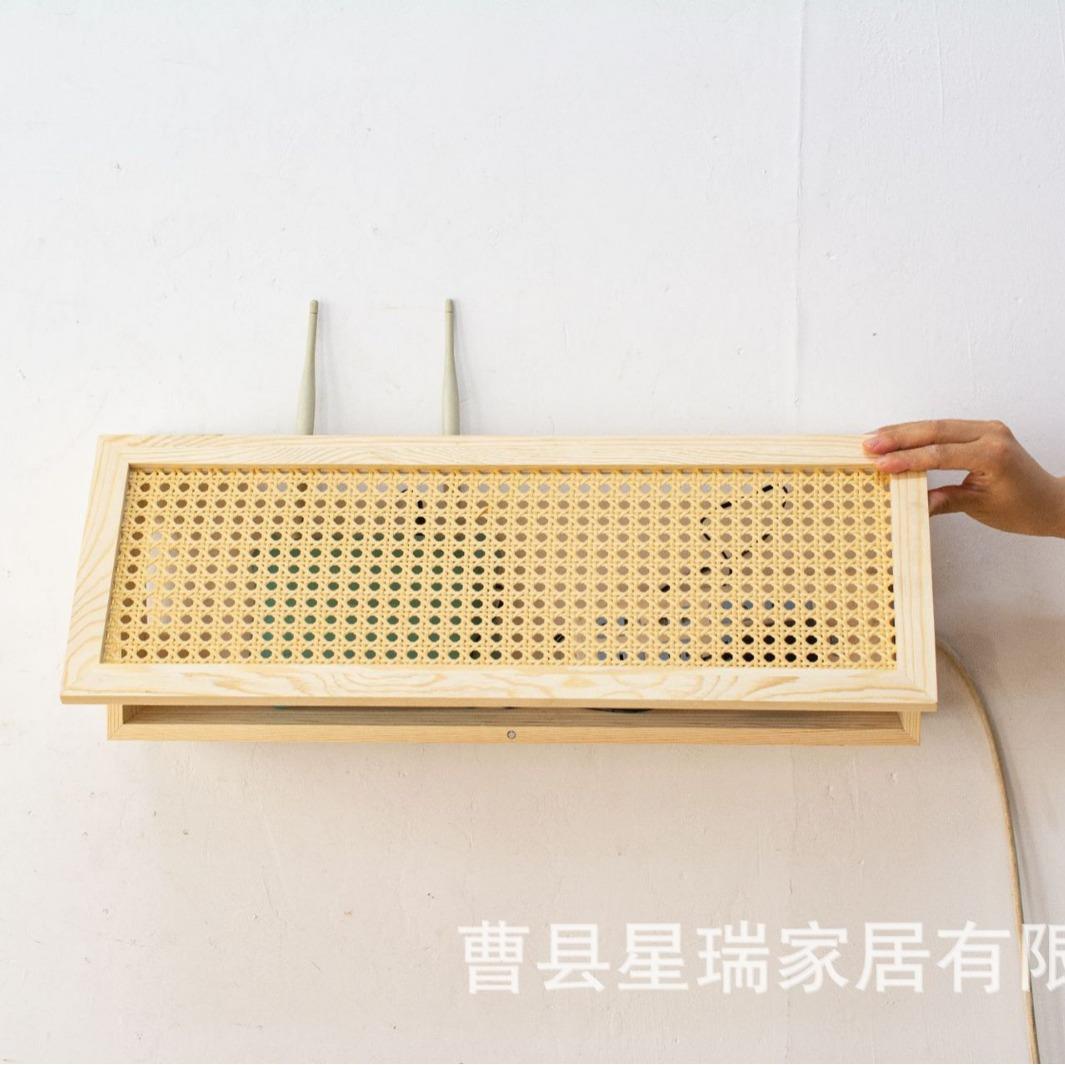 日式藤编实木路由器收纳盒壁挂式wifi光猫收纳盒电线插座遮丑盒