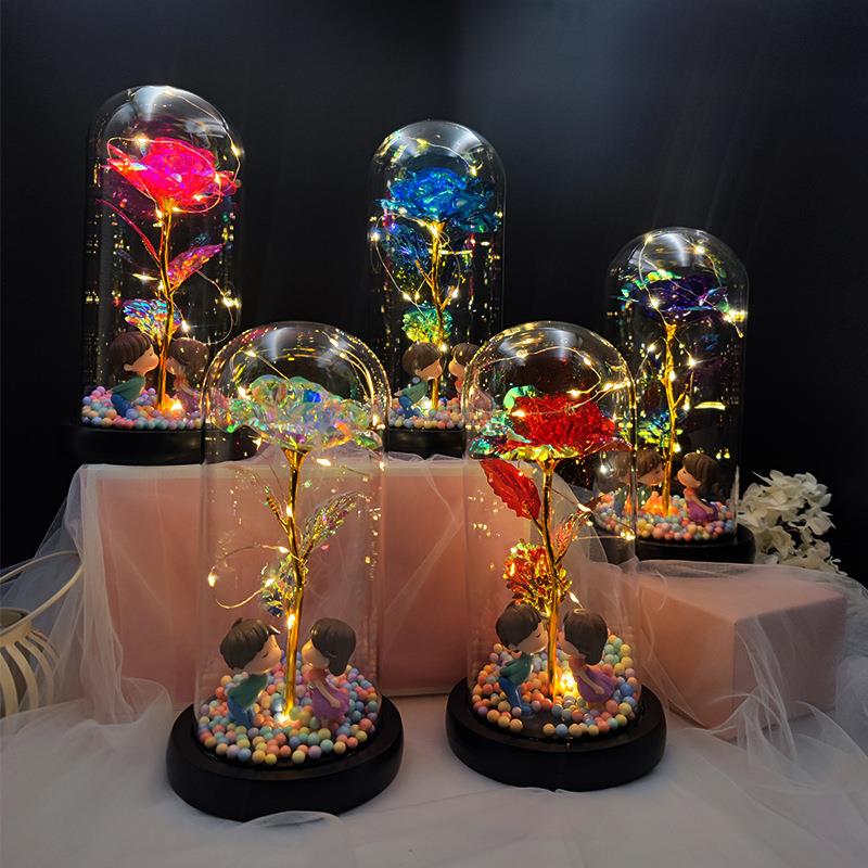 情人节生日礼物暖光灯发光炫彩玫瑰花玻璃罩送女友老婆手工花