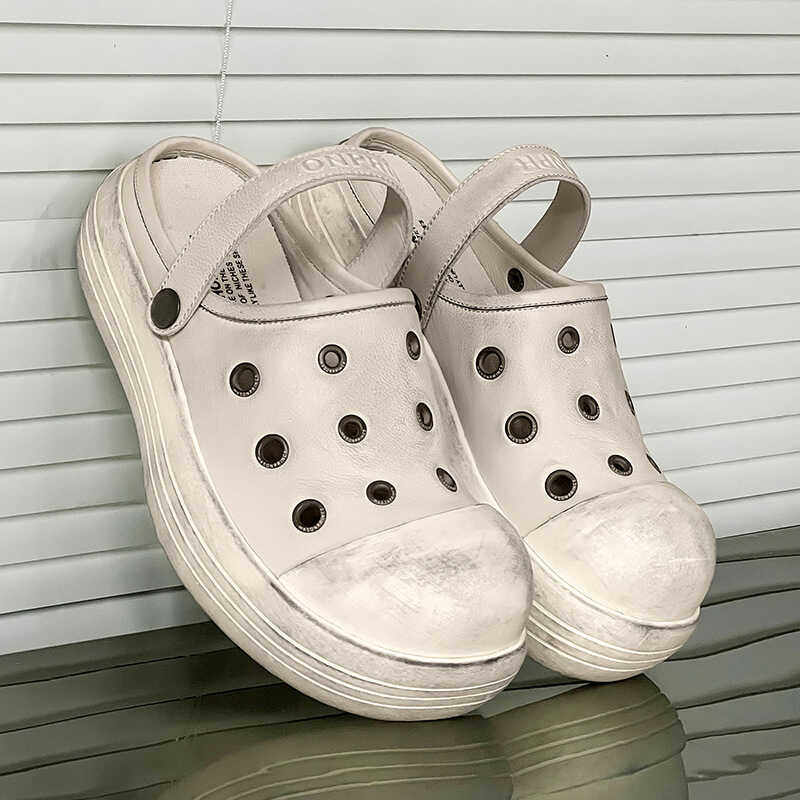 厚底防滑透气真皮包头拖鞋复古