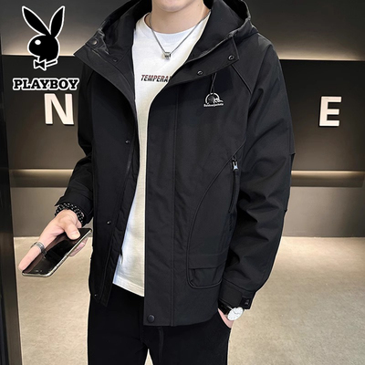 花花公子连帽春秋宽松纯色防风衣