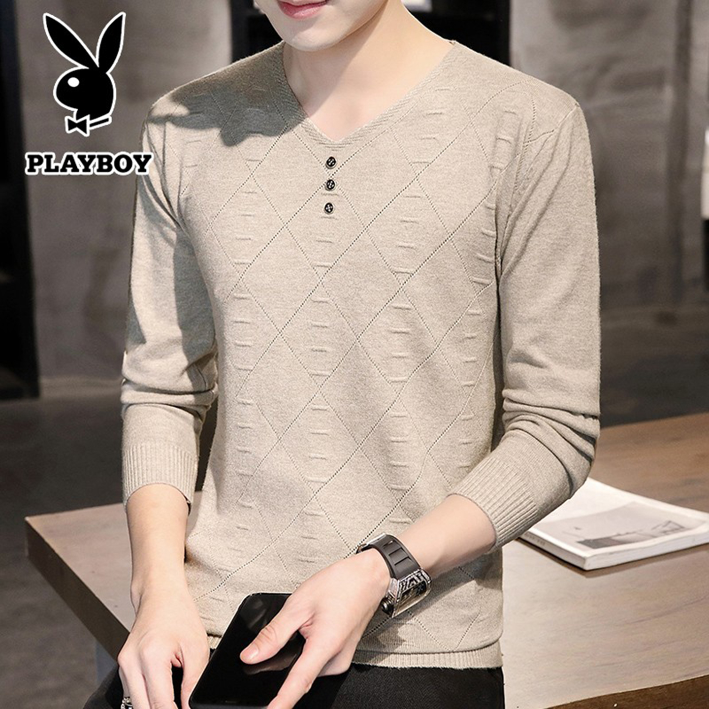 花花公子套头针织V领薄款毛衣