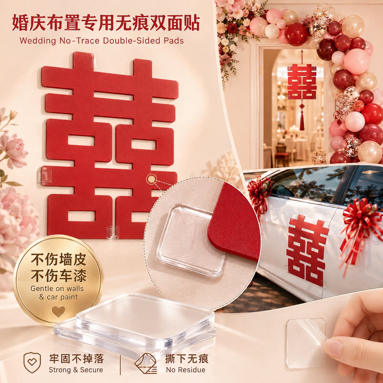 艾高婚庆婚礼布置专用无痕双面胶贴喜字气球拱门拉花窗花装饰婚车车头花艺车门喜字蝴蝶结横幅舞台背景板胶带