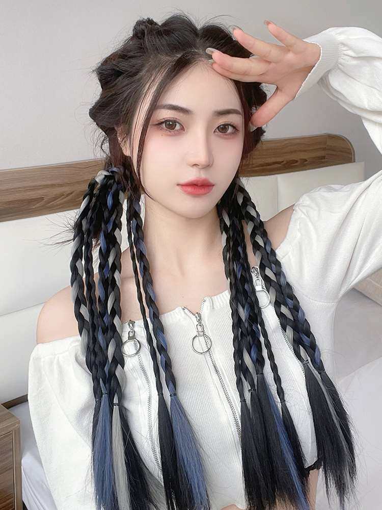 甜酷拳击辫假发马尾女挑染脏脏辫假辫子网红双马尾鱼骨辫麻花辫子
