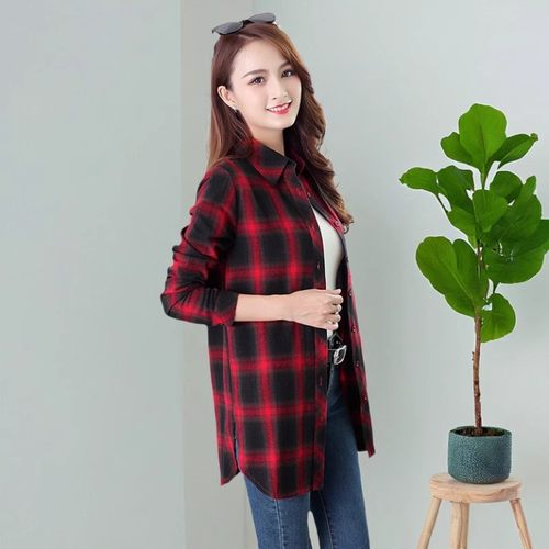 全棉宽松格子衬衫女长袖