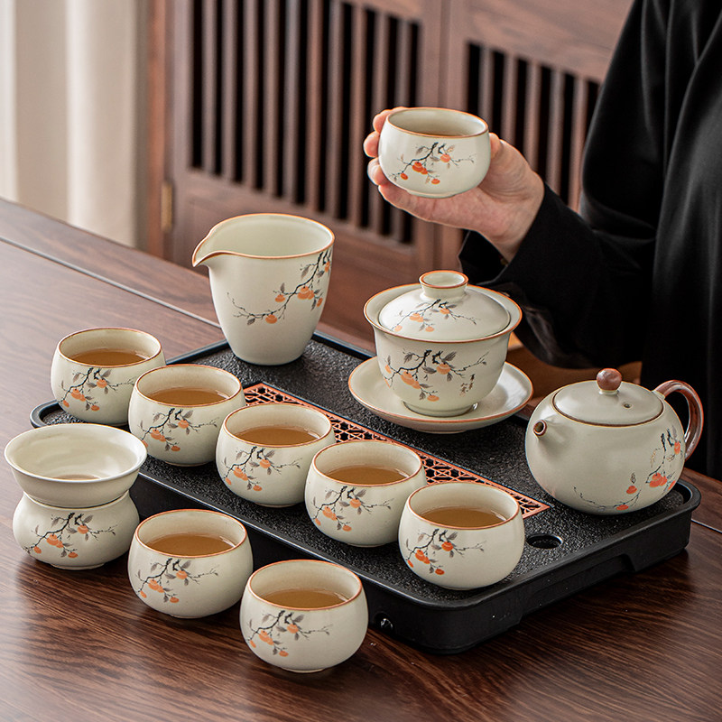 柿柿如意汝窑功夫茶具套装家用办公室喝茶泡茶盖碗茶壶茶杯子礼盒