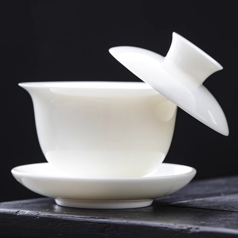 羊脂玉白瓷可悬停旋转三才盖碗陶瓷单个高档防烫茶具套装茶碗茶杯