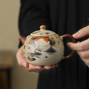 单个家用泡茶壶陶瓷轻奢功夫茶具礼盒装 米黄汝窑茶壶套装 伴手礼