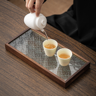 胡桃木窗花玻璃平面托盘方形日式托盘家用点心盘壶承干泡盘小茶台