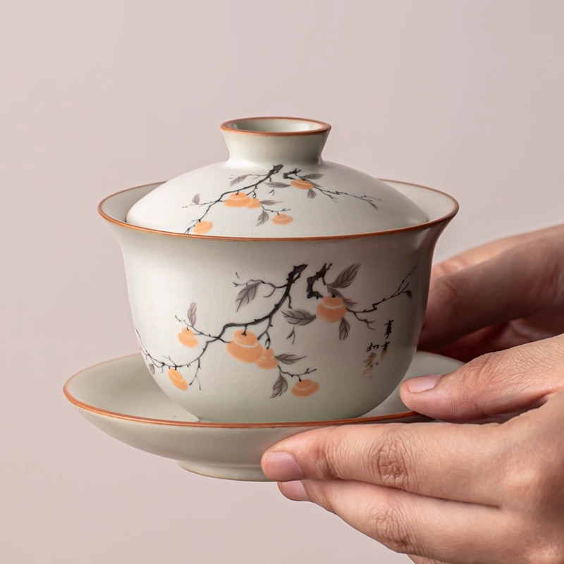 高档汝窑三才盖碗泡茶碗不烫手单个可悬停茶功夫茶具家用陶瓷茶杯