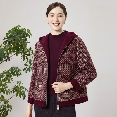 赏心岁月中老年女装洋气妈妈连帽毛呢大衣短款秋冬新款保暖外套