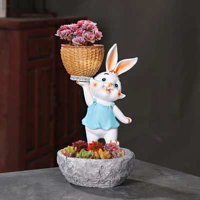 树脂花盆卡通创意个性可爱动物多肉桌面绿植兔子举篮家用造型摆件