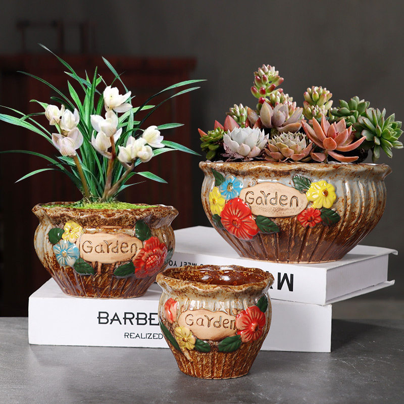 多肉花盆手绘粗陶透气创意陶瓷简约大口径绿植拼盘小盆栽特价包邮