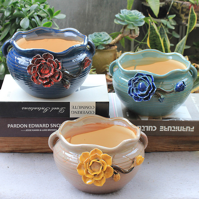 创意多肉花盆大口径陶瓷大号肉肉盆清仓室内家用复古透气老庄花盆