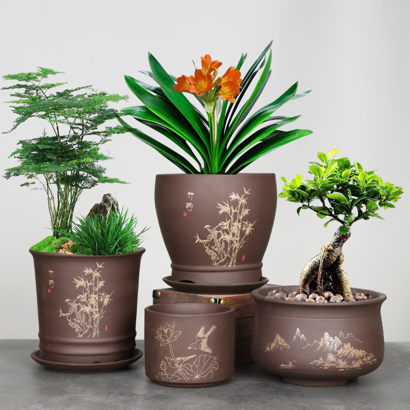 陶瓷紫砂中国风室内带托盘兰花盆