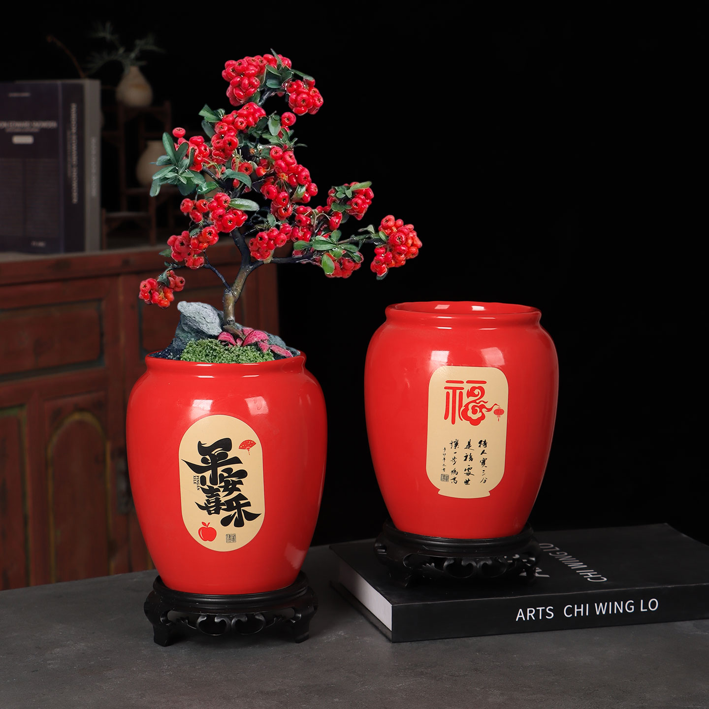 陶瓷花盆红色吉祥新年喜庆小口径桌面金钱树罗汉松客厅大绿植盆栽