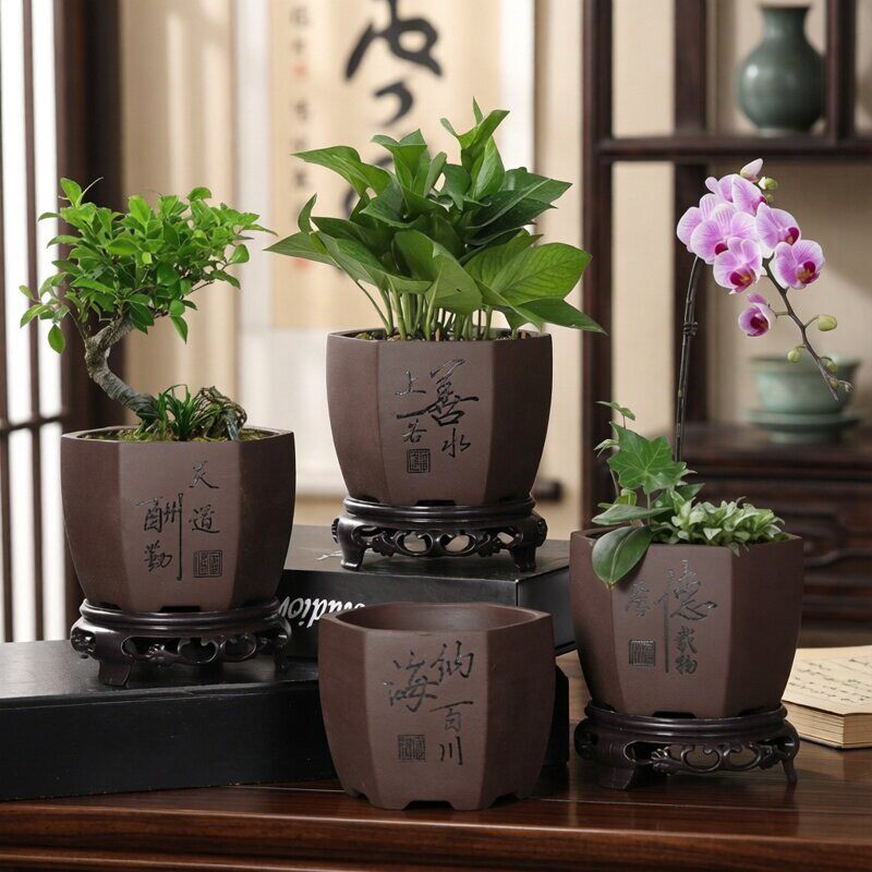 紫砂花盆清仓特价带底座托盘盆景盆兰花文竹小榕树绿植多肉陶瓷盆