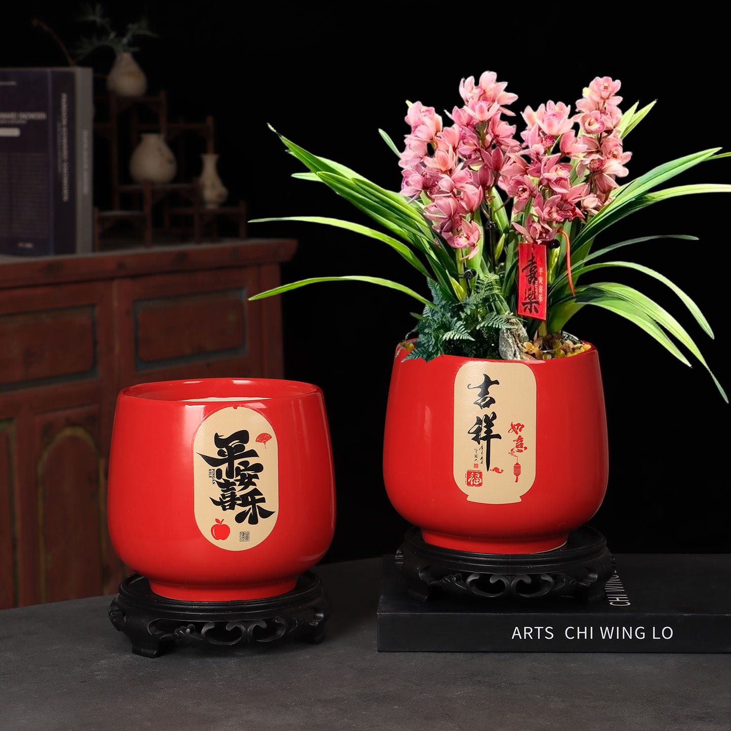 中式陶瓷花盆红色圆形兰花盆栽装饰摆件家居绿植盆器室内盆栽底座