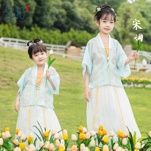 乌扣. 宋词夏款儿童中国风改良古装宋制对襟套装夏季端午