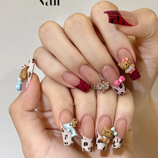 穿戴甲甜辣风法式kitty猫长款穿戴甲斑马纹豹纹辣妹定制成品甲片