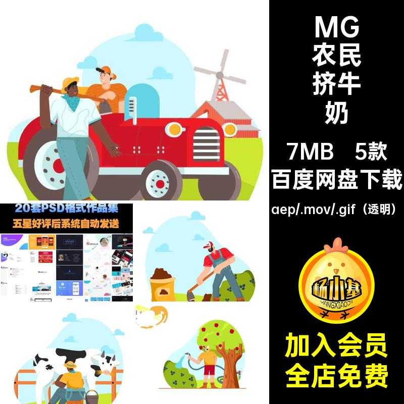 MG动画卡通人物场景果农民农场挤牛奶AE源文件透明GIFMOVPR素材