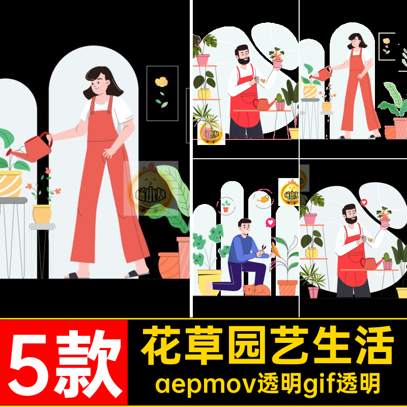 MG动画卡通人物园艺花草种植浇水花房AE源文件透明GIFMOVPR素材