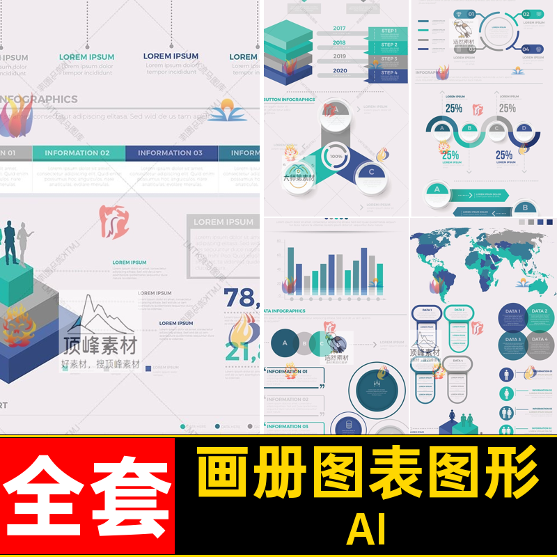 扁平化图表图形全套矢量企业画册PPTAI互联网ppt工作报告内文店