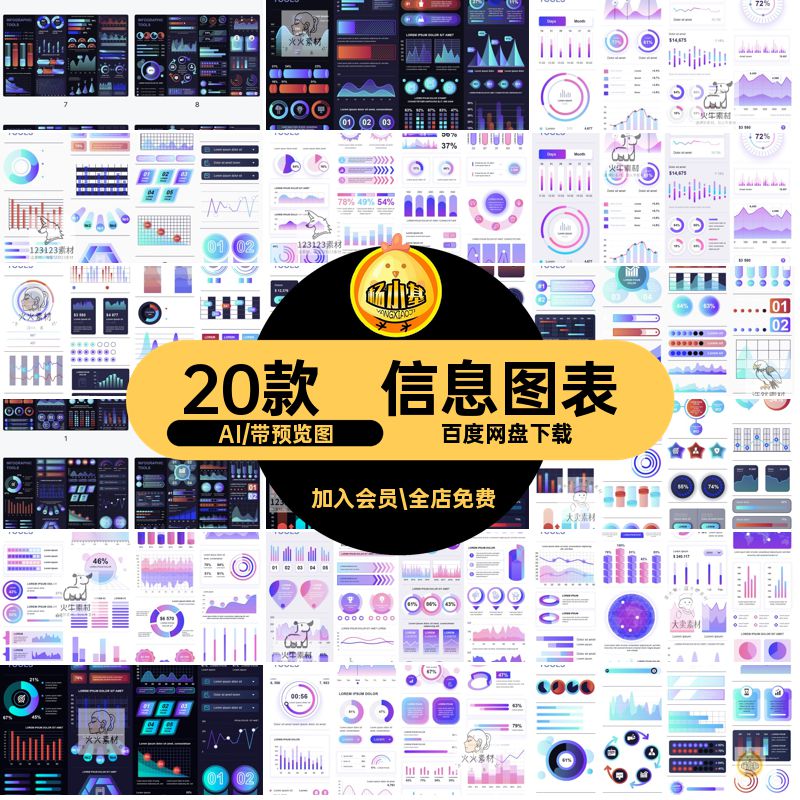 统计图表图形20款AI信息饼图仪表盘柱状图数据矢量可视化曲线饼图