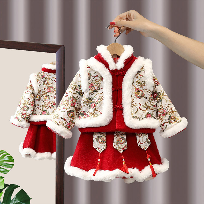 汉服女童冬装新年衣服儿童中国风龙年唐装过年宝宝拜年服周岁礼服