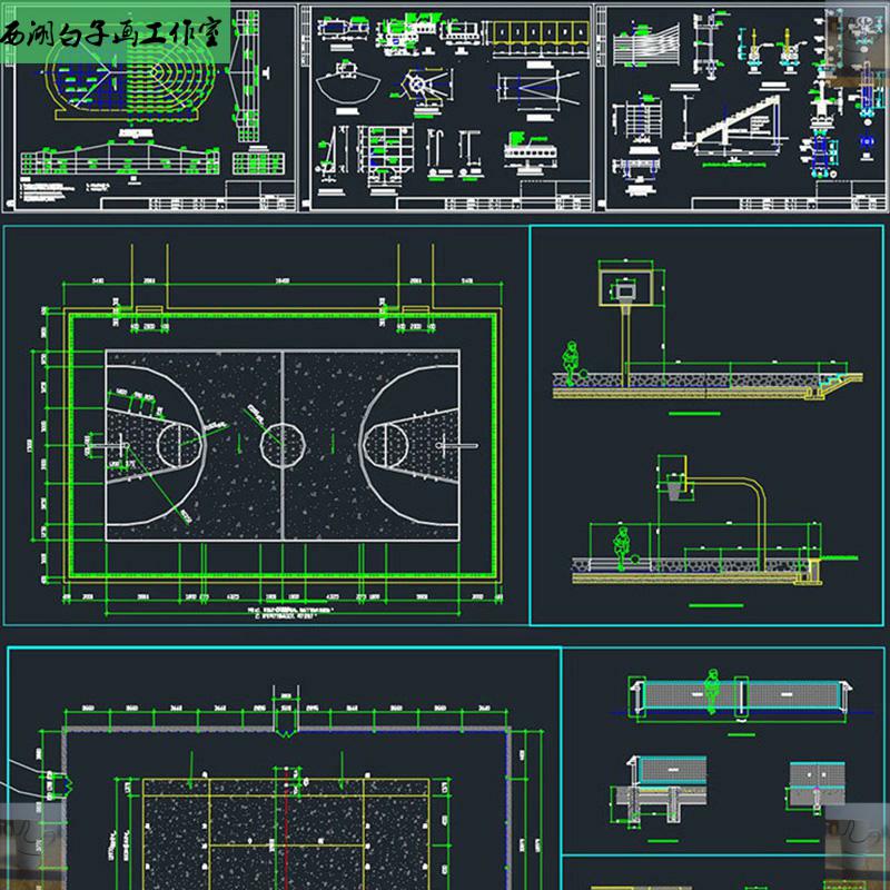 运动场地篮球场排球场羽毛球场网球场足球场平面设计CAD图纸素材