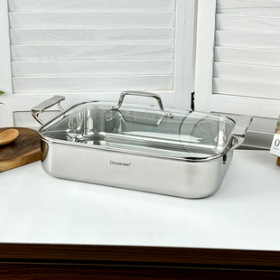 chockmen卓德铭18/10不锈钢双耳镜光无涂层鱼锅烤盘三层钢煎锅