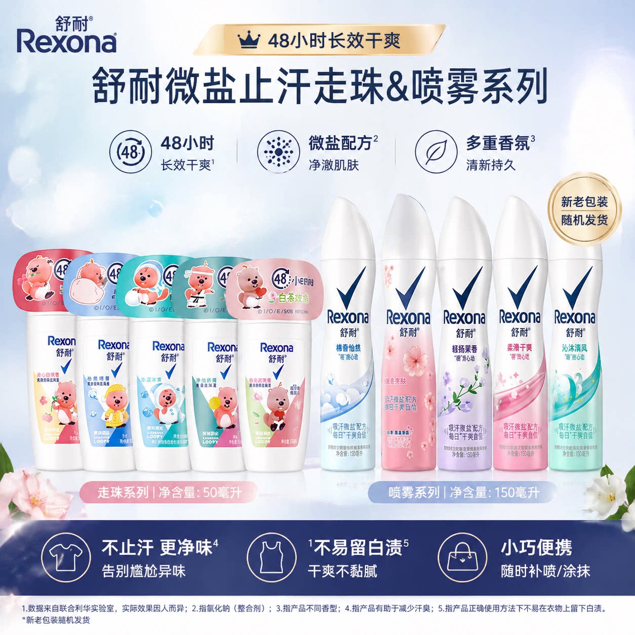 Rexona/舒耐香体走珠喷雾女士爽身腋下吸汗减少异味止汗膏香体露