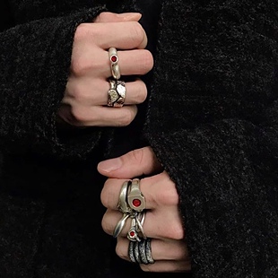 从不睡觉 暗黑小众个性红色珐琅造型组合套戒指重工做旧纯银指环