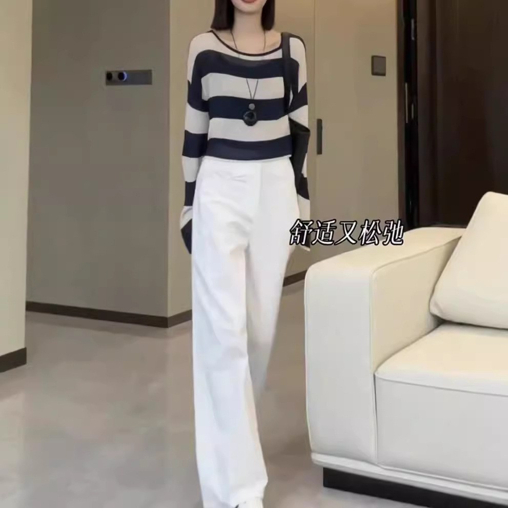 英国topwhit新款长袖条纹宽松上衣高腰白色直筒裤女