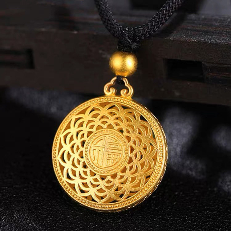 英国TopWhit古法福字莲花罗盘吊坠项链越南沙金八宝富贵镂空莲花