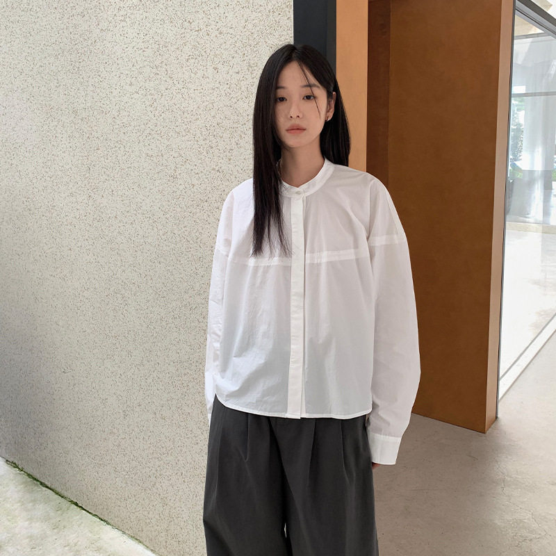 法国cherry kittytg 净版圆领通勤百搭棉衬衣女秋季新款长袖宽松