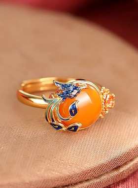 英国topwhit复古珐琅凤凰牡丹戒指女国潮新中式民族风文艺范仿