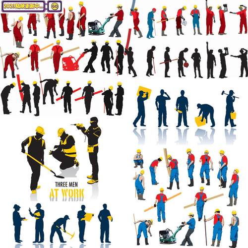 60款工人剪影工业建筑人物施工程师装修蓝领插图矢量图分层素材