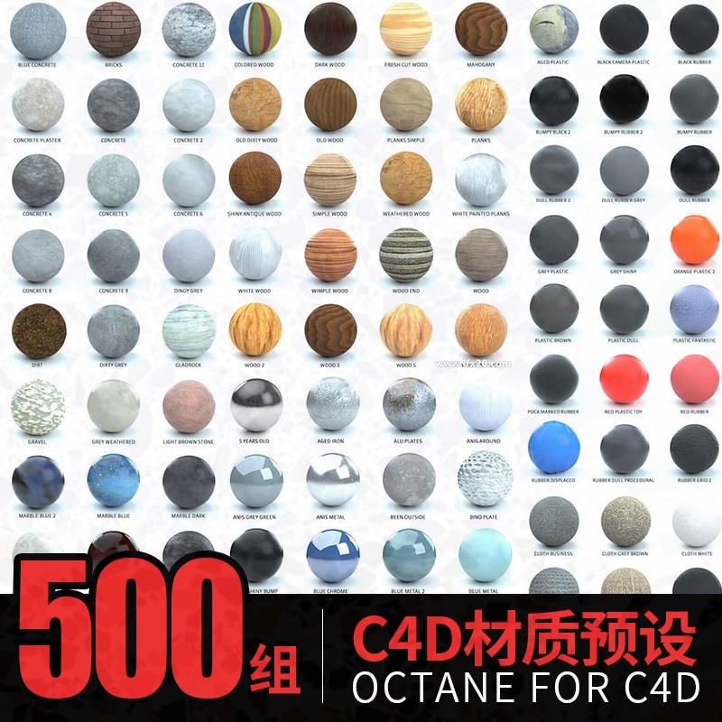 C4D材质预设渲染金属水木纹理自带贴图包透明高级球500组玻璃素材