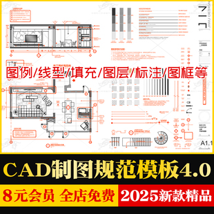 家装室内装修设计别墅公寓CAD施工图纸模板图例打印预设线型规范