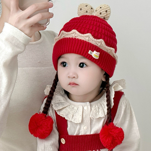 婴幼儿帽子韩系秋冬季宝宝防风保暖套头帽假发辫子护耳帽女公主潮