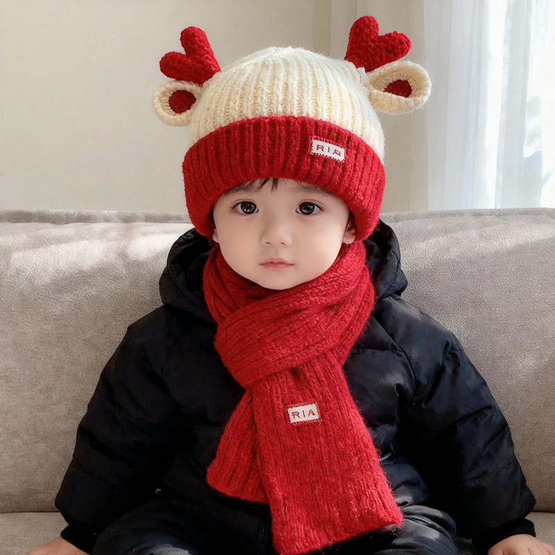 儿童冬季帽子围巾套装小鹿角厚