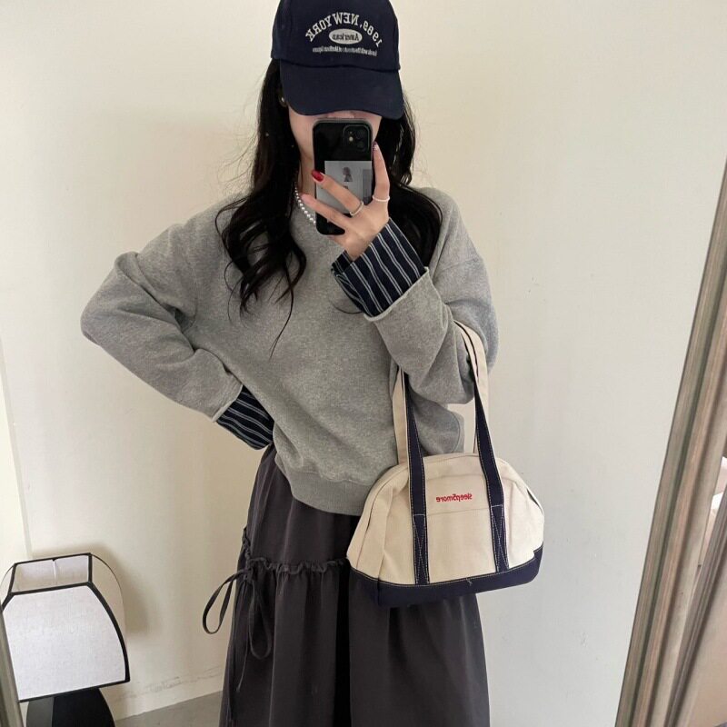 韩国女装egg衬衫袖拼接假两件休闲上衣2025春季慵懒风松弛感卫衣