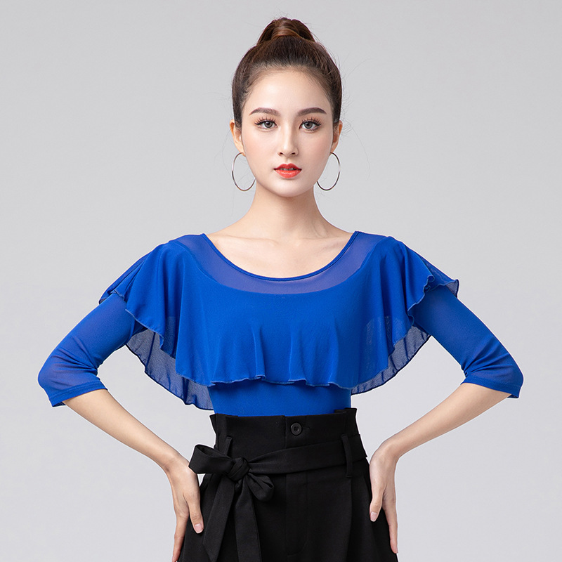 拉丁舞上衣2022春荷叶边蓝色连体衣练功服女国标舞上装女新款