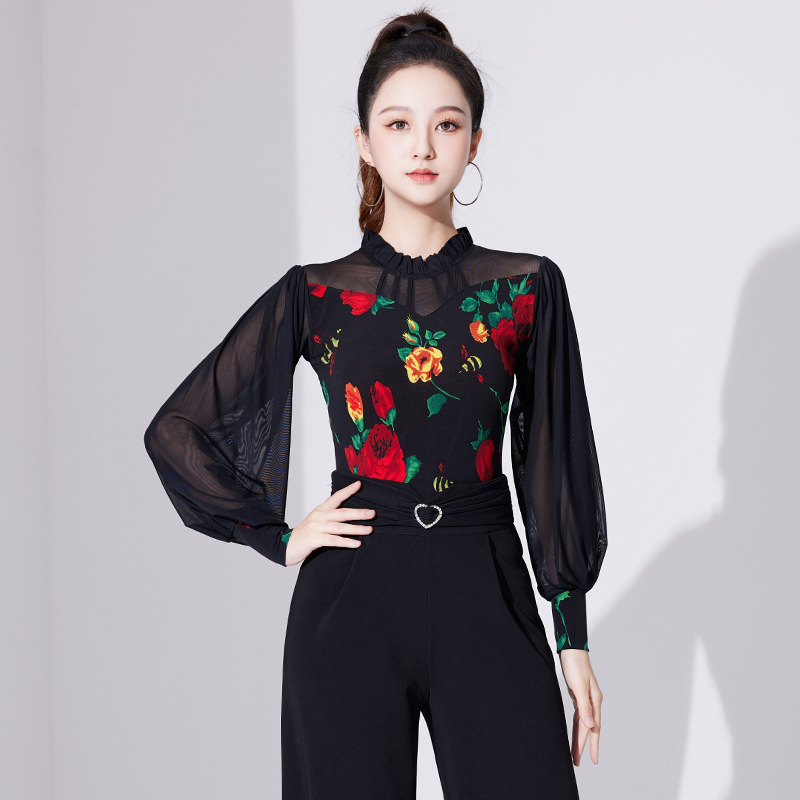 拉丁舞练功服女长袖跳舞蹈服交谊舞上衣多色新款国标舞摩登舞