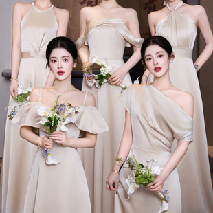 伴娘服出租香槟色2025新款 缎面伴娘服姐妹团裙主持合唱礼服晚礼服