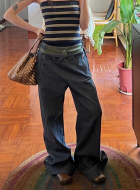 美式大码撞色腰头拼接阔腿裤子女辣妹可调节巴黎扣拖地长裤ins风