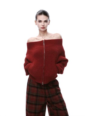 JLAUNT 红色一字肩毛衣女冬季宽松慵懒圣诞节辣妹露肩长袖针织衫
