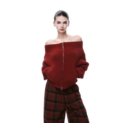 JLAUNT 红色一字肩毛衣女冬季宽松慵懒圣诞节辣妹露肩长袖针织衫