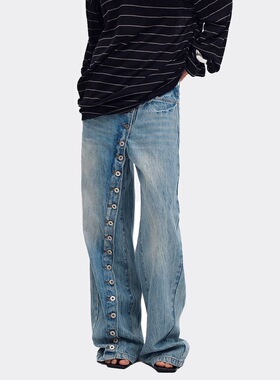 大码美式复古做旧水洗斜门襟纽扣牛仔裤子女辣妹设计感休闲拖地裤