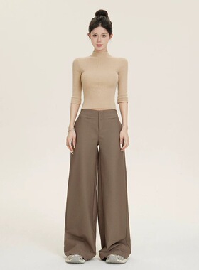 cchun纯子   气质女王 低腰毛边设计感西裤秋冬新款宽松阔腿长裤